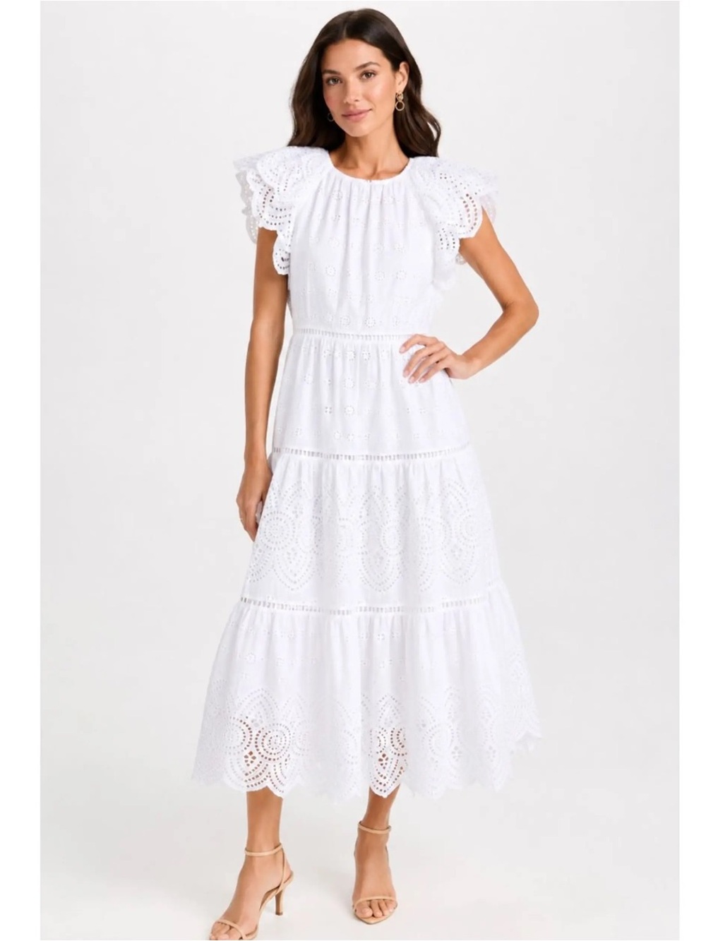 Antoni Melani White Eyelet Tiered Cotton Midi Dress NEW Size 8 Flutter Sleeves